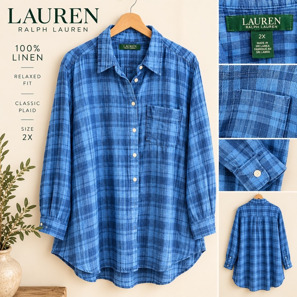 Lauren Ralph Lauren Blue Plaid 100% Linen Relaxed Button Down Shirt Size 2X